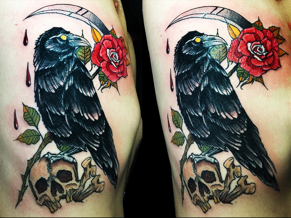 neo traditional crow tattoo  Google Search  Crow tattoo design Crow  tattoo Black crow tattoos