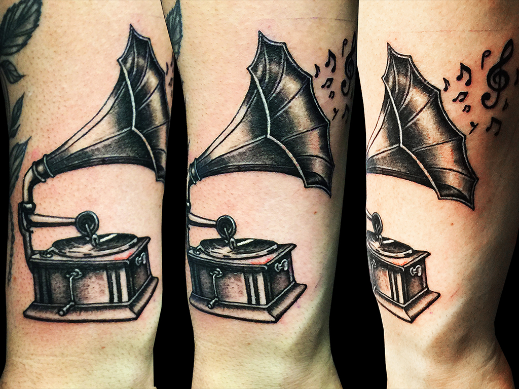Gramophone Tattoo Forearm