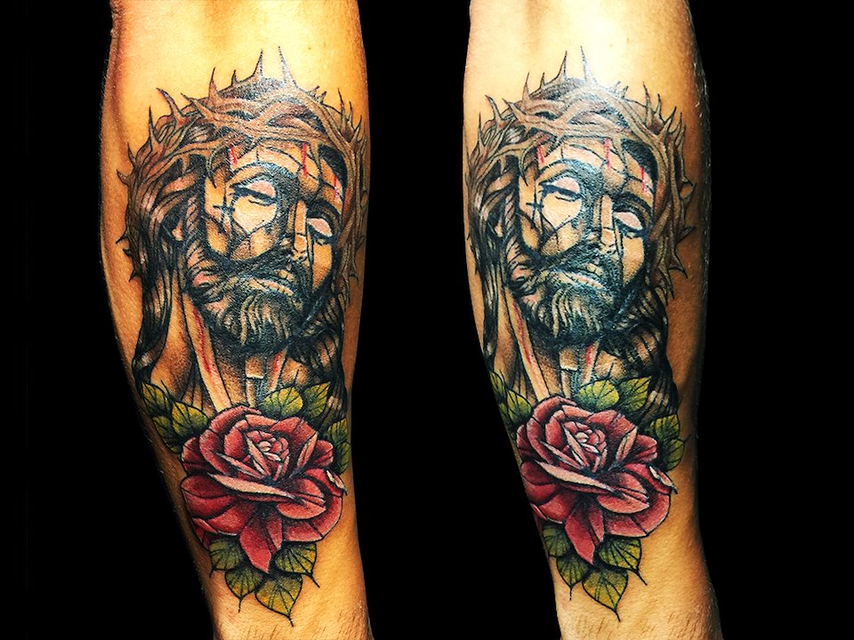 neo traditional jesus tattoo