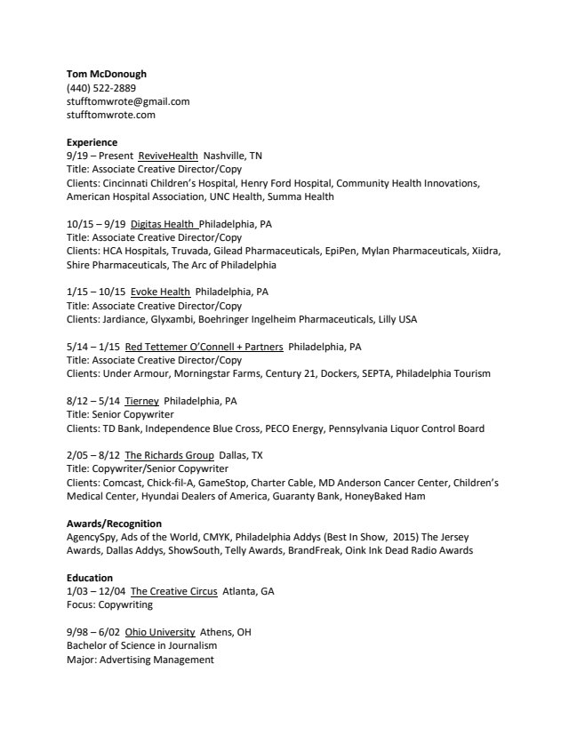 Resume Contact Tom Mcdonough Copywriter