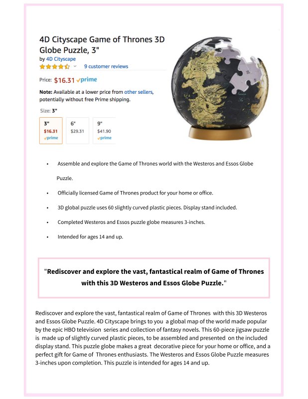 game of thrones 3d globe puzzle