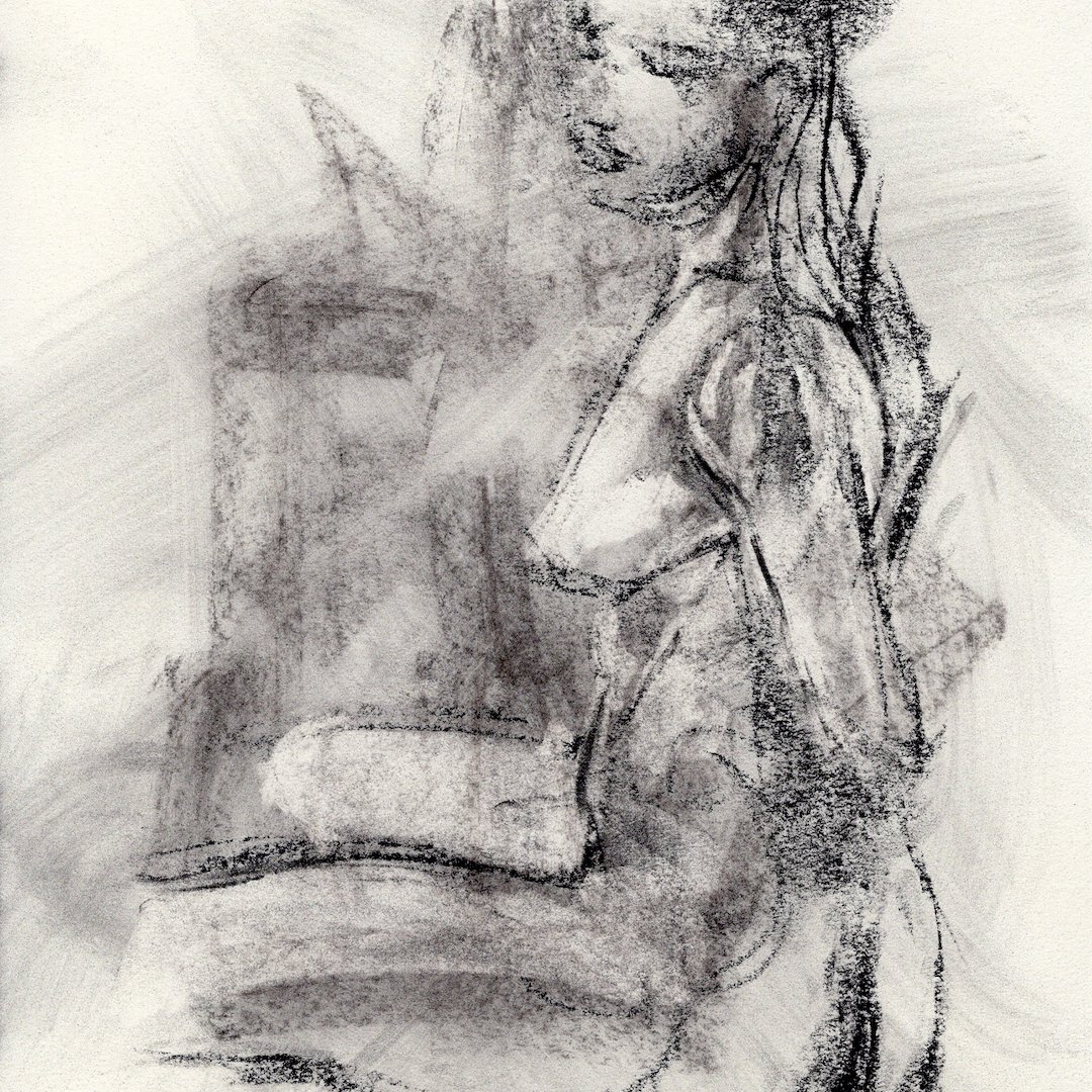 Nude Figure Fine Artwork Female - fashion Original Charcoal Drawing on Panel - Jeremy Schilling - Naked Woman Figure - Figurative Art Model 10X8in